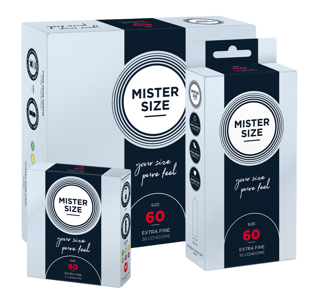 Três embalagens diferentes de preservativos Mister Size no tamanho 60